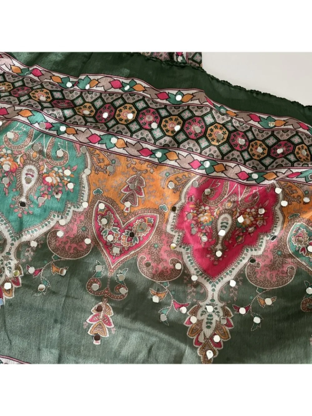 Gorgeous sage green pink mirror embroidered scarf 32x82 boho bohemian gypsy